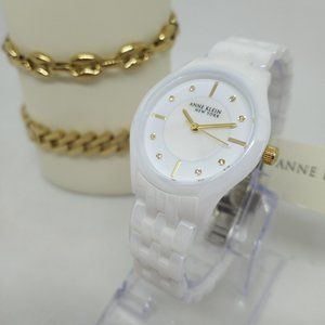 Anne Klein 12/7740WTST Women's 32mm Ceramic Quartz Watch + Bracelet Set NWT